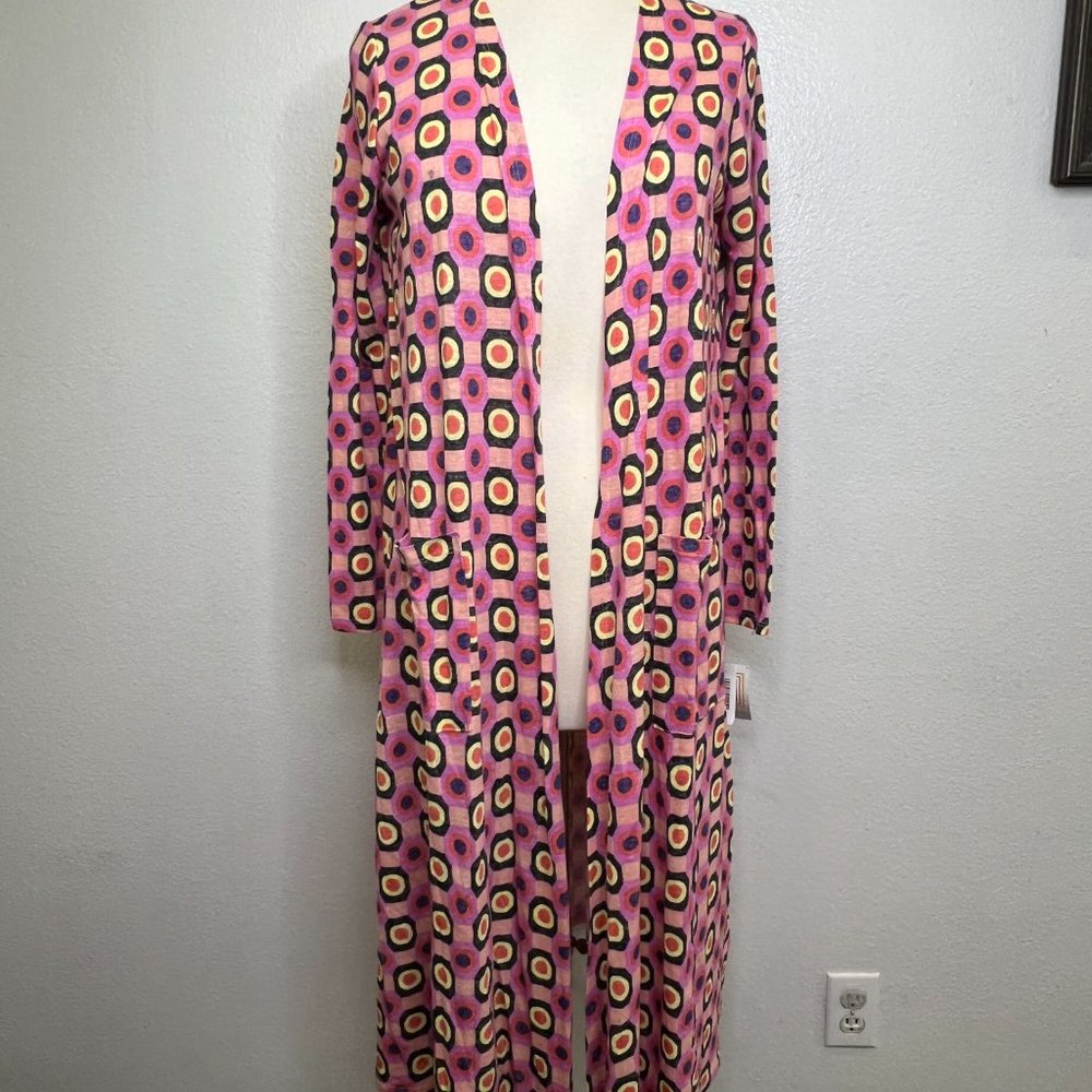 NWT LuLaRoe Sarah Duster Cardigan Size S Small Pink Multicolor Geometric Print